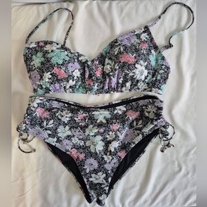 Time & Tru Black Multi Color Floral Highwaisted Bikini Sz L 12-14